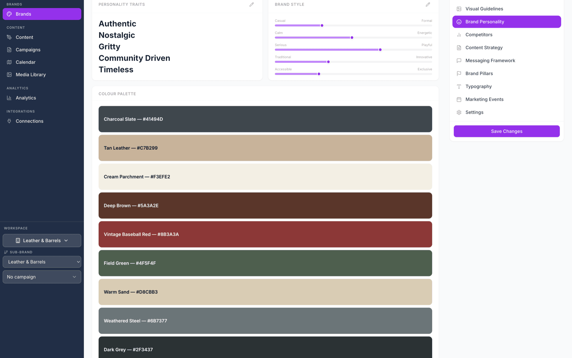 Maloo brand personality configuration screen showing voice and tone settings