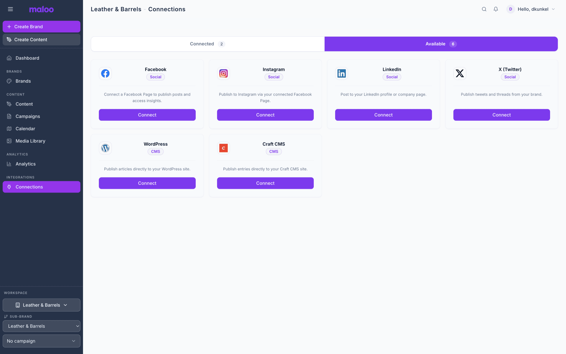 Maloo connections screen showing integrated data sources and platforms