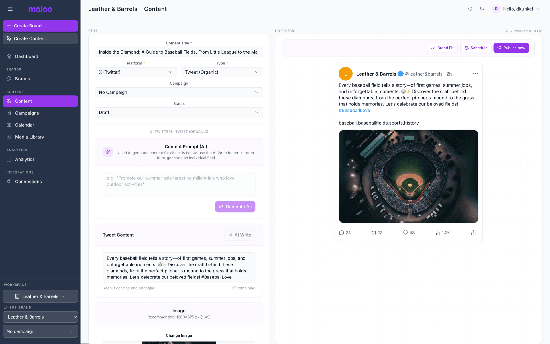 Maloo content editor with AI-generated copy and brand fit scoring