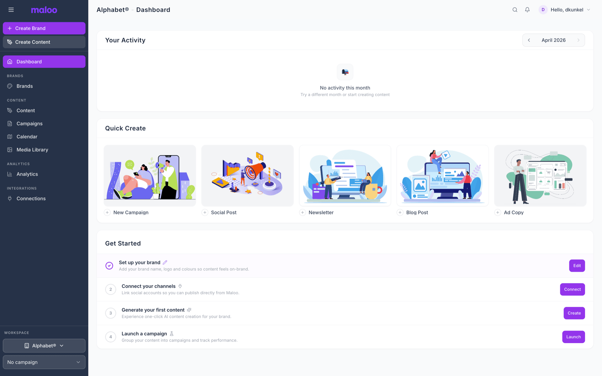 Maloo platform dashboard showing brand health scores and recent activity
