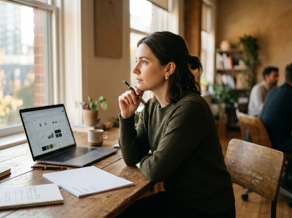 Brand strategist at a wooden desk reviewing a printed brand guidelines report, fountain pen in hand, laptop and workspace materials in soft focus.