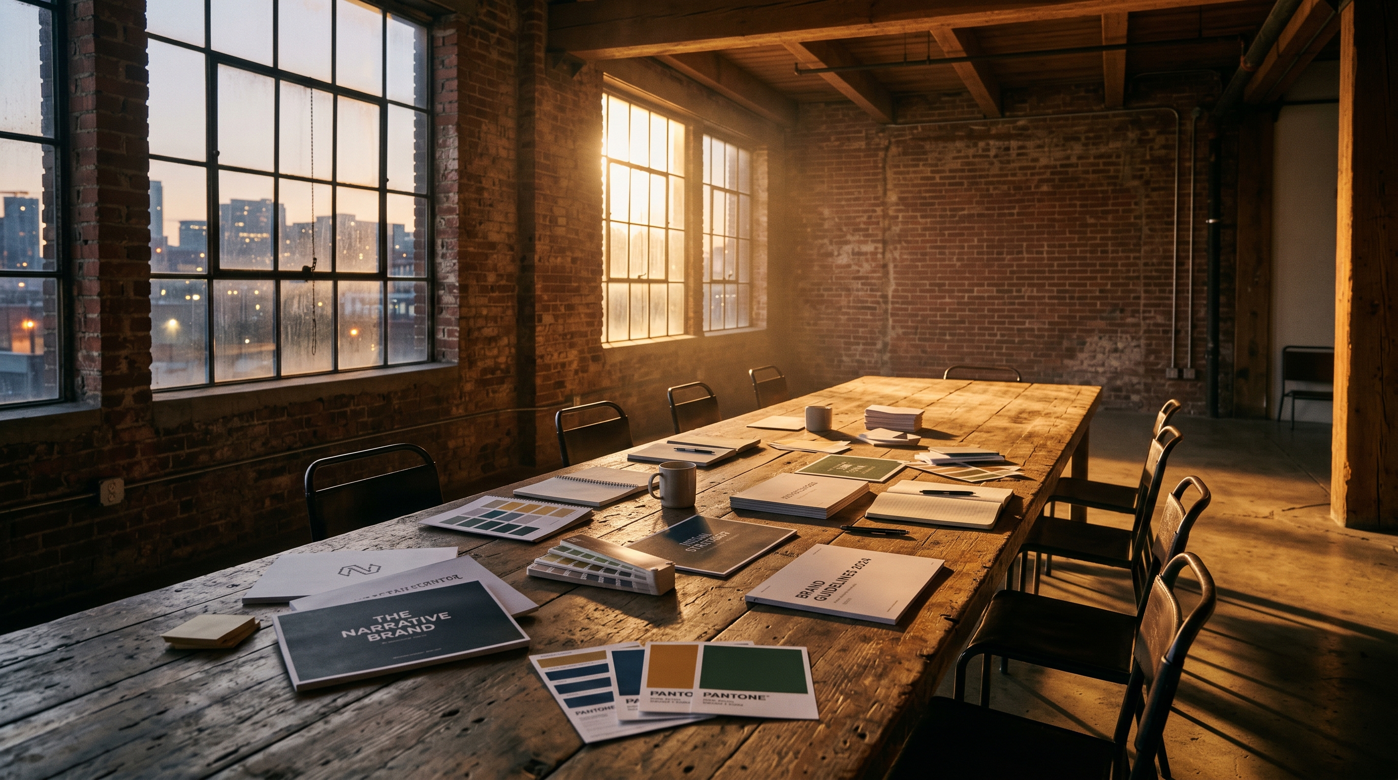 Empty industrial boardroom at dusk with brand decks spread across a long wooden conference table